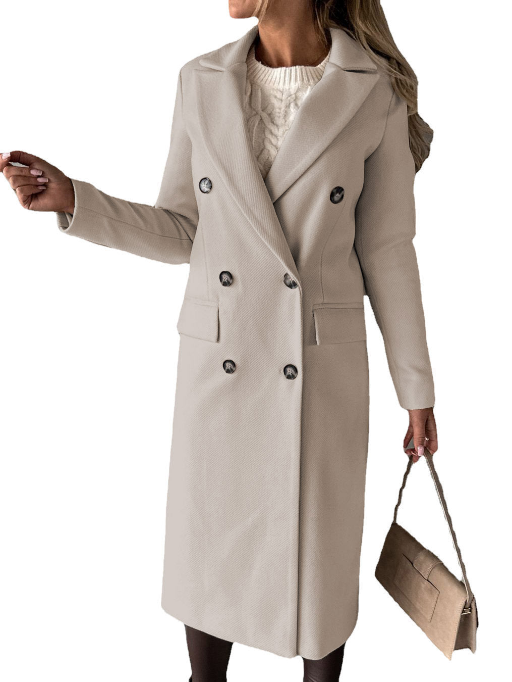 Double Breasted Lapel Coat Winter Fashion Solid Slim Long Jacket Long Sleeve Tops Women Clothing
