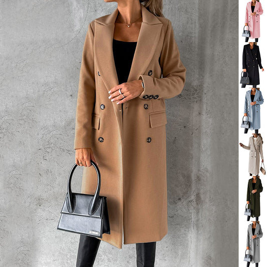 Double Breasted Lapel Coat Winter Fashion Solid Slim Long Jacket Long Sleeve Tops Women Clothing